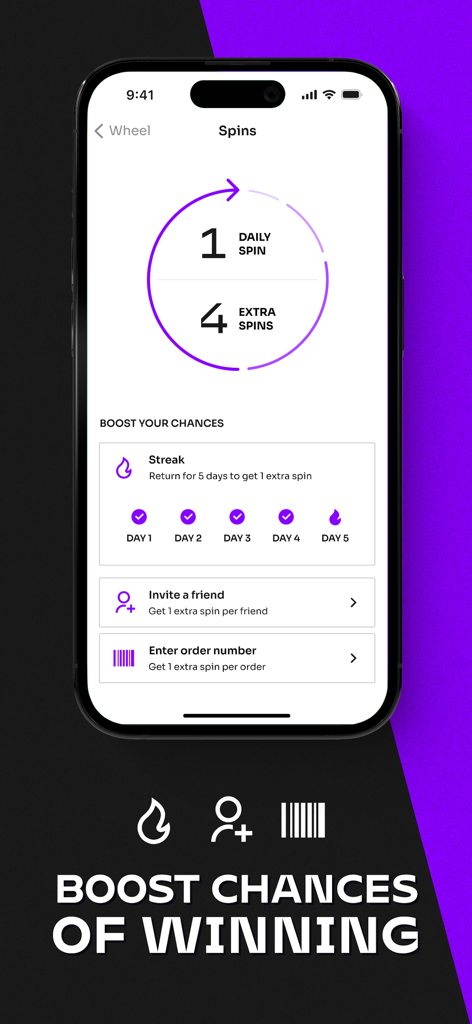Mobilfox app screen showing daily spins and options to boost winning chances through rewards and referrals
