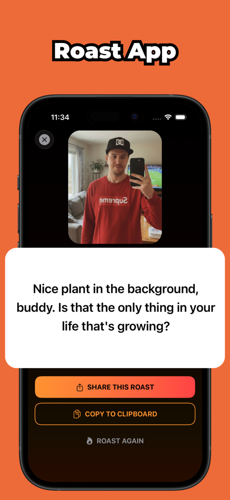 A mobile screenshot showing an AI-generated savage roast of a man's selfie within the Roast App.