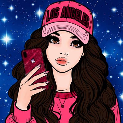 realistic beautiful girl wearing los ángeles cap holding an iphone