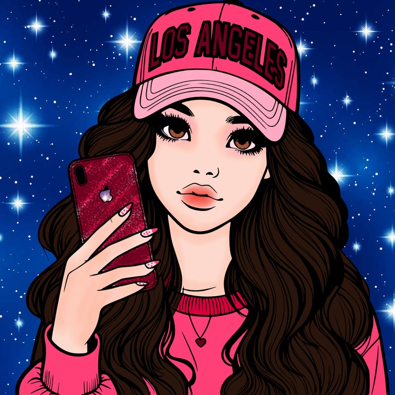 realistic beautiful girl wearing los ángeles cap holding an iphone