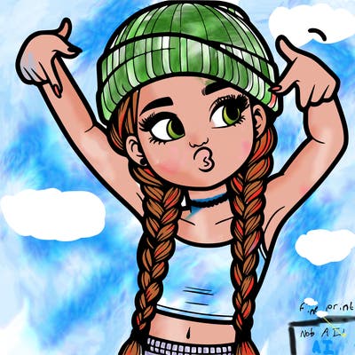 realistic teenage girl with braids and a beanie and crop top doing 🫶🏼