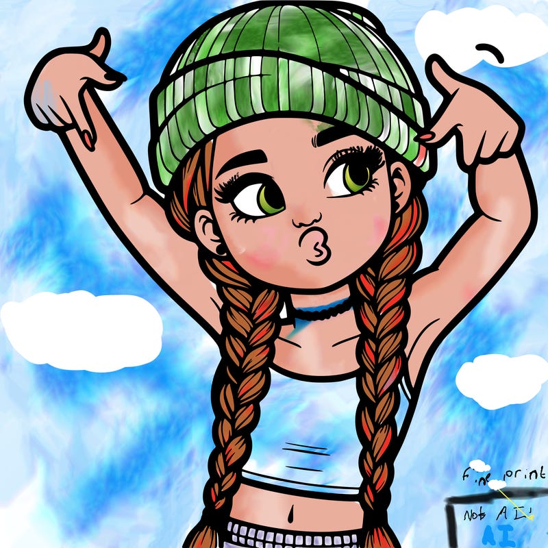 realistic teenage girl with braids and a beanie and crop top doing 🫶🏼