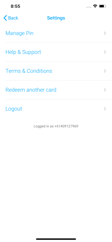 Get My eCard - Settings screen of the Get My eCard mobile application showing account management and help options.