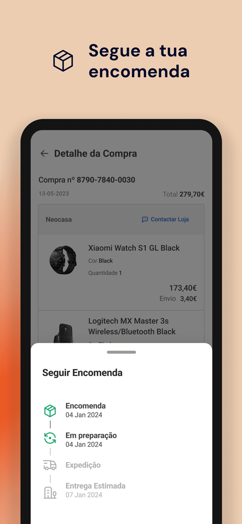 Kuantokusta - Interfaz de la aplicación KuantoKusta que muestra el estado de seguimiento del pedido y los detalles de la compra