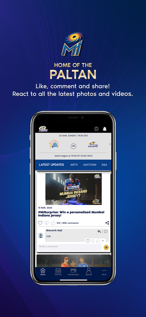 Mumbai Indians Official App - La pantalla de inicio de la app oficial de los Mumbai Indians mostrando el feed de noticias de la comunidad Paltan y las últimas actualizaciones del partido.