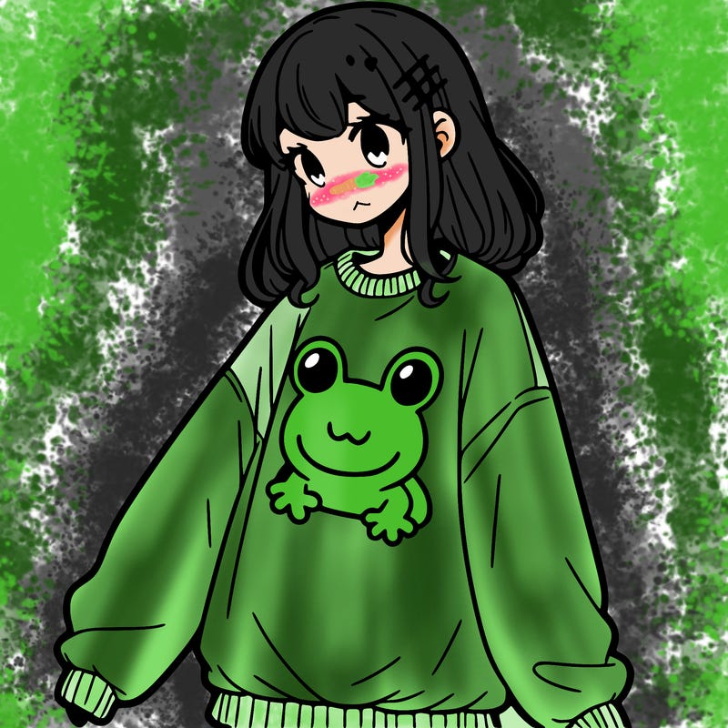 girl wearing frogging sweatshirt