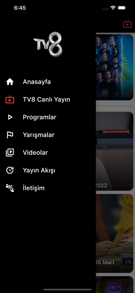 TV8 mobile app navigation sidebar with Turkish menu items including live stream and programs