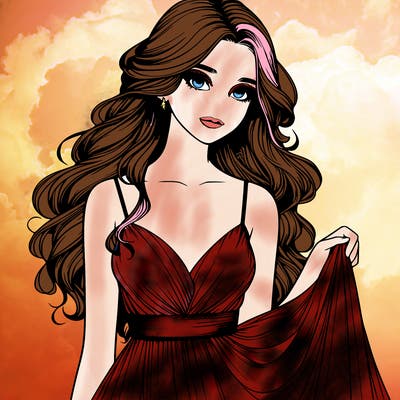 realistic girl in flowy silky prom dress
