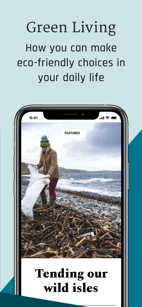 BBC Countryfile Magazine - Mobile screen of BBC Countryfile Magazine app featuring an article on green living and coastal conservation