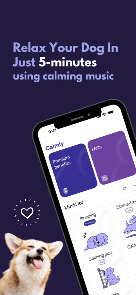Relax My Dog : Calmly - App screen of Relax My Dog Calmly featuring calming music playlists for sleeping and stress relief