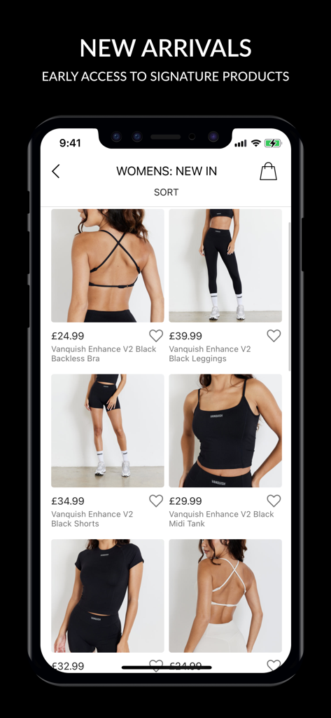 Vanquish Fitness mobile app showing the latest womens gym apparel and prices