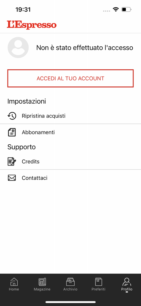 L'Espresso - Profilseite der LEspresso App mit Anmeldeschaltfläche und Kontoeinstellungen