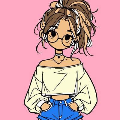 girl with a messy ponytail glasses a baggy crop top and jean shorts