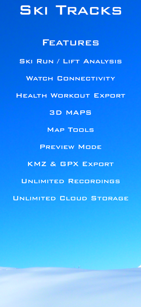 Ski Tracks - List of features for the Ski Tracks app including ski run analysis watch connectivity and 3D maps