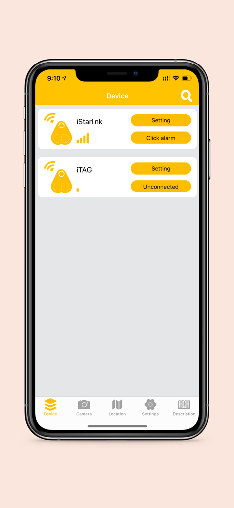 iSearching app interface showing a list of paired Bluetooth trackers with options to set alarms and manage devices