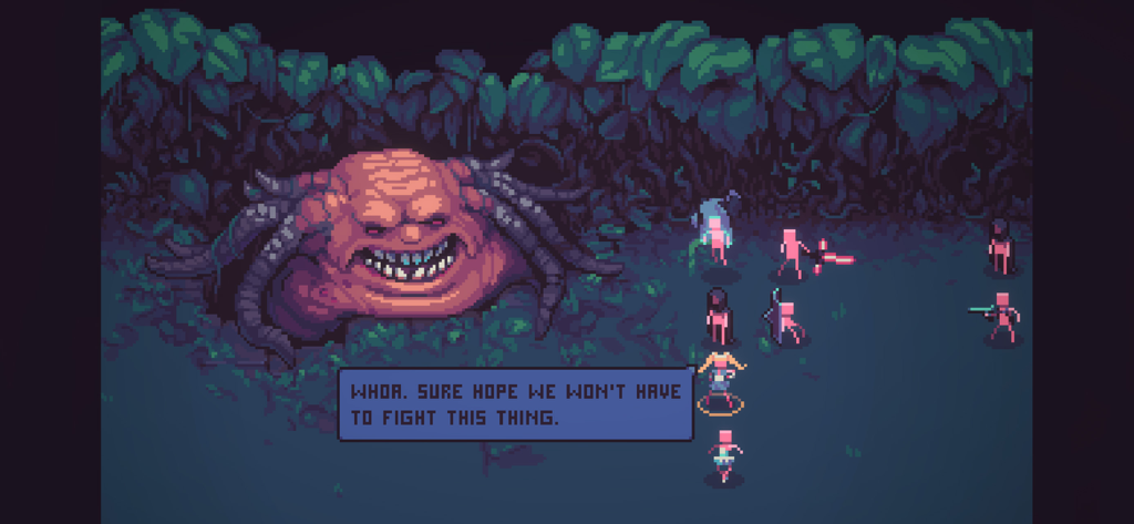 Despot's Game - Un groupe de petits personnages en pixel art faisant face à un boss tentaculaire géant dans Despots Game avec une bulle de dialogue humoristique