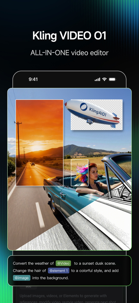 Kling AI: AI Image&Video Maker - Interface of Kling AI video editor app showing text-based video modification and element insertion