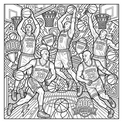 This action-packed coloring page celebrates the most distinguished Hall of Fame basketball players in dynamic poses on the court. Bring these legendary athletes and their championship glory to life with your favorite colors.