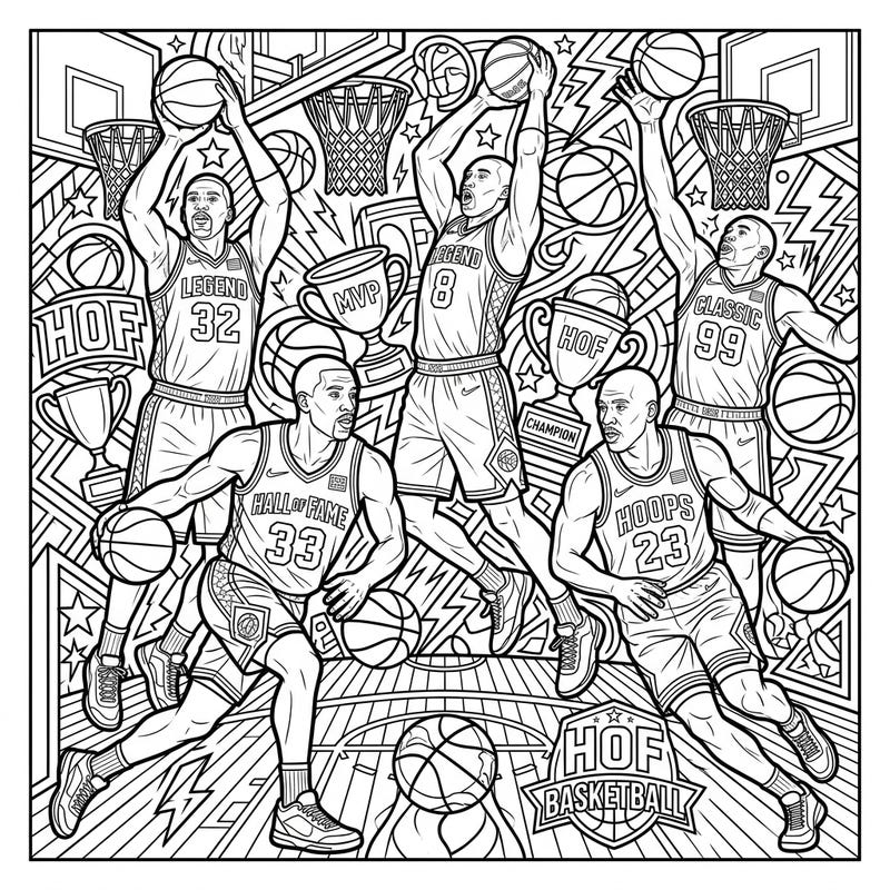 This action-packed coloring page celebrates the most distinguished Hall of Fame basketball players in dynamic poses on the court. Bring these legendary athletes and their championship glory to life with your favorite colors.