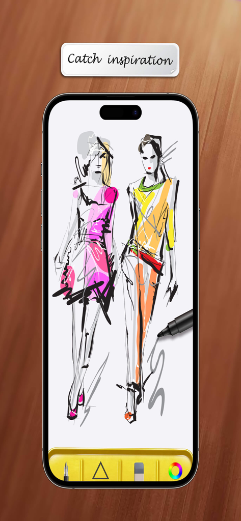 A fashion sketch of two women on a smartphone screen inside the Sketch Pad app