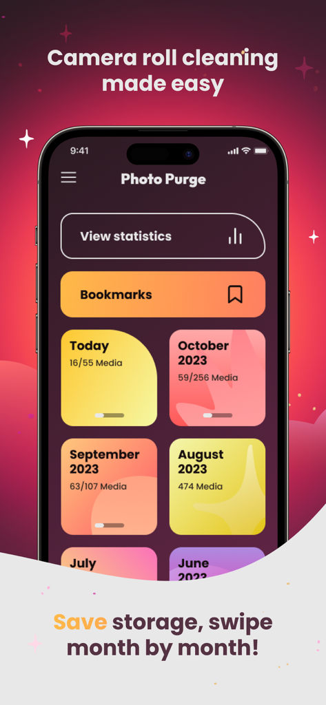 Photo Purge: Swipe & Delete - Panel de la aplicación Photo Purge que muestra colecciones de fotos organizadas por mes para la limpieza de almacenamiento.