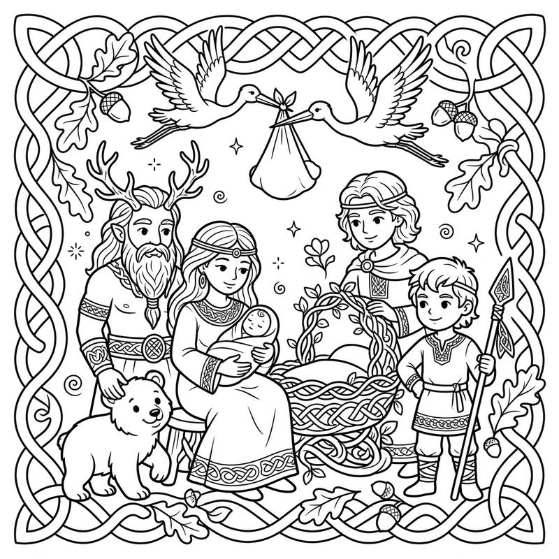 Step into a world where ancient legends meet new beginnings with this enchanting Celtic Deities Baby Shower coloring page. This delightful illustration captures the magic of a divine arrival, perfect for celebrating life and mythology.
