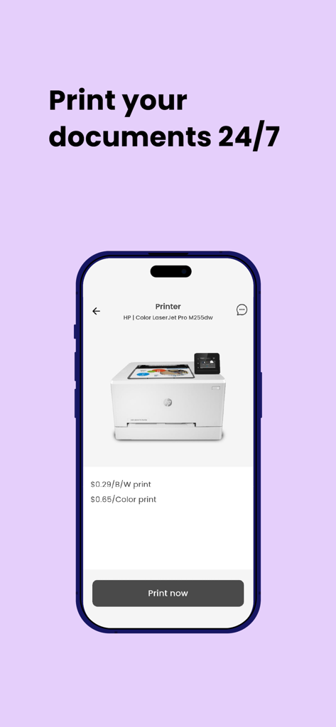 TULU - Own Less, Live More - TULU app interface for printing documents with pricing and a print now button
