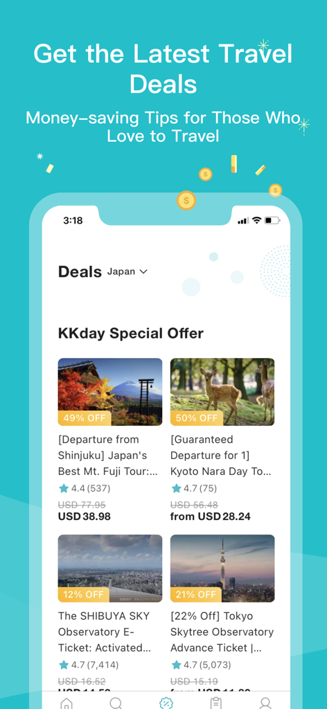 KKday app screen showing travel deals for Japan with discounts on tours to Mt. Fuji and Kyoto Nara.