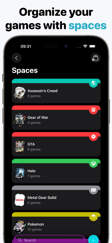 Game Tracker: Play & log - Bildschirm der Game Tracker App, der Spiele zeigt, die in benutzerdefinierten Spaces wie Assassin's Creed und Halo organisiert sind.