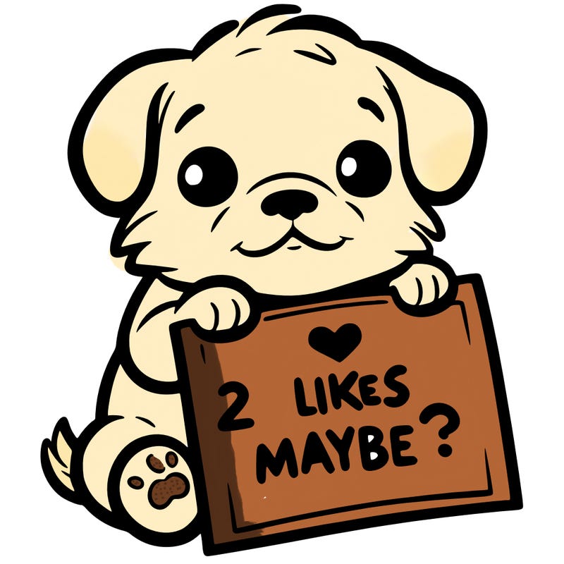 a puppy holding a sign that says 2 likes maybe?