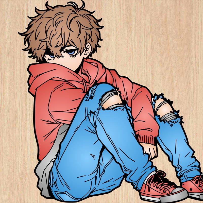 a male hoddie ripped jeans messy hair anime