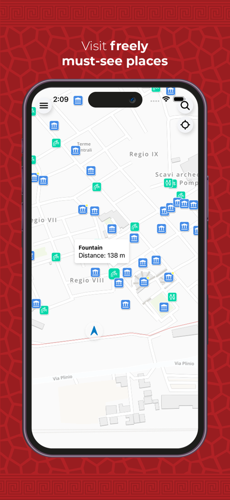 Pantalla de la aplicación móvil que muestra un mapa interactivo de Pompeya con puntos de interés cultural y marcadores de distancia