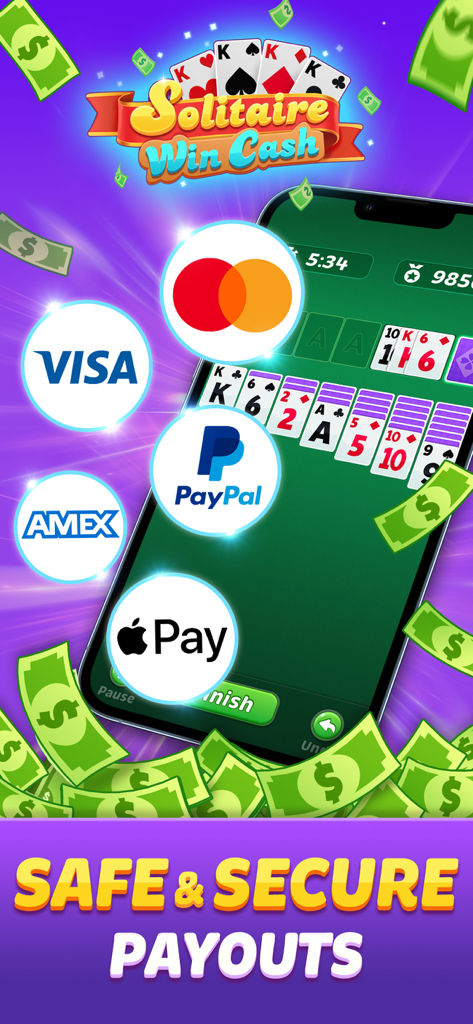 Solitaire Win Cash - Solitaire Win Cash mobile game featuring safe and secure payouts through PayPal and Apple Pay.