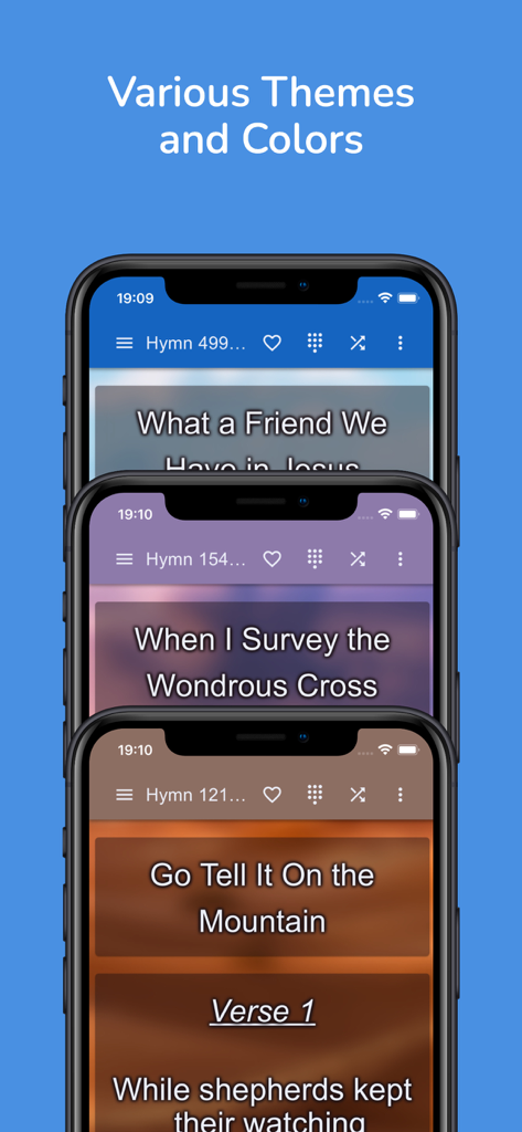 SDA Hymnal - Offline Music - Una muestra de la aplicación Himnario Adventista mostrando varios temas de color personalizables y himnos en pantallas de móvil