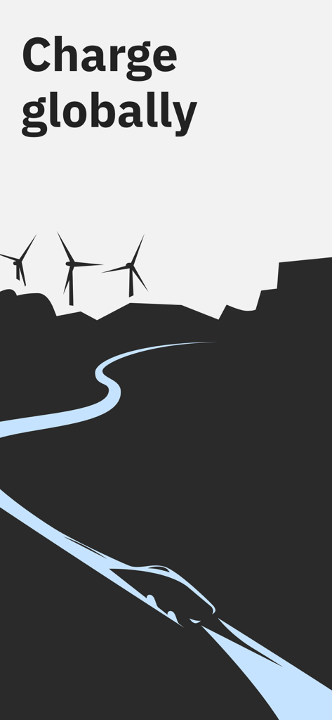 Introductory screen for the Charge Global app featuring an electric vehicle driving on a winding road with wind turbines in the background and the text charge globally