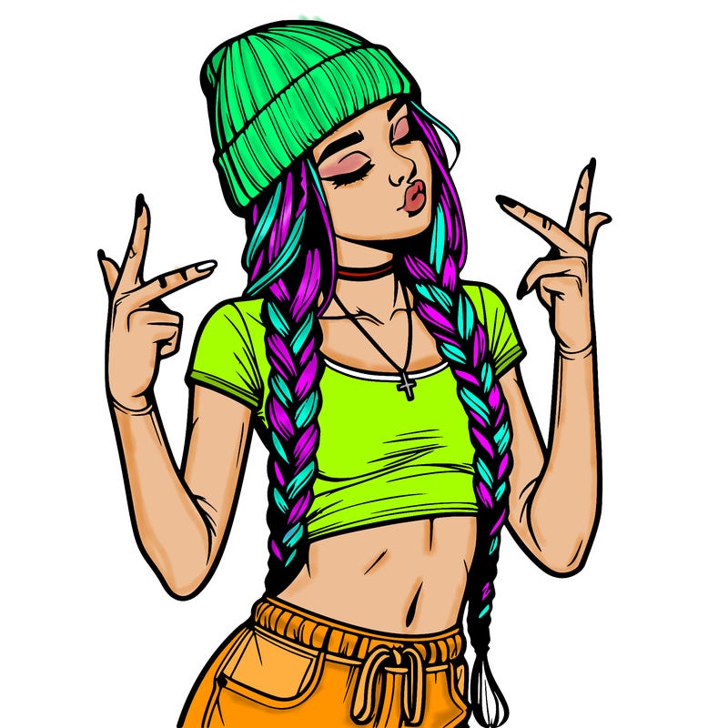 realistic teenage girl with braids and a beanie and crop top doing 🫶🏼