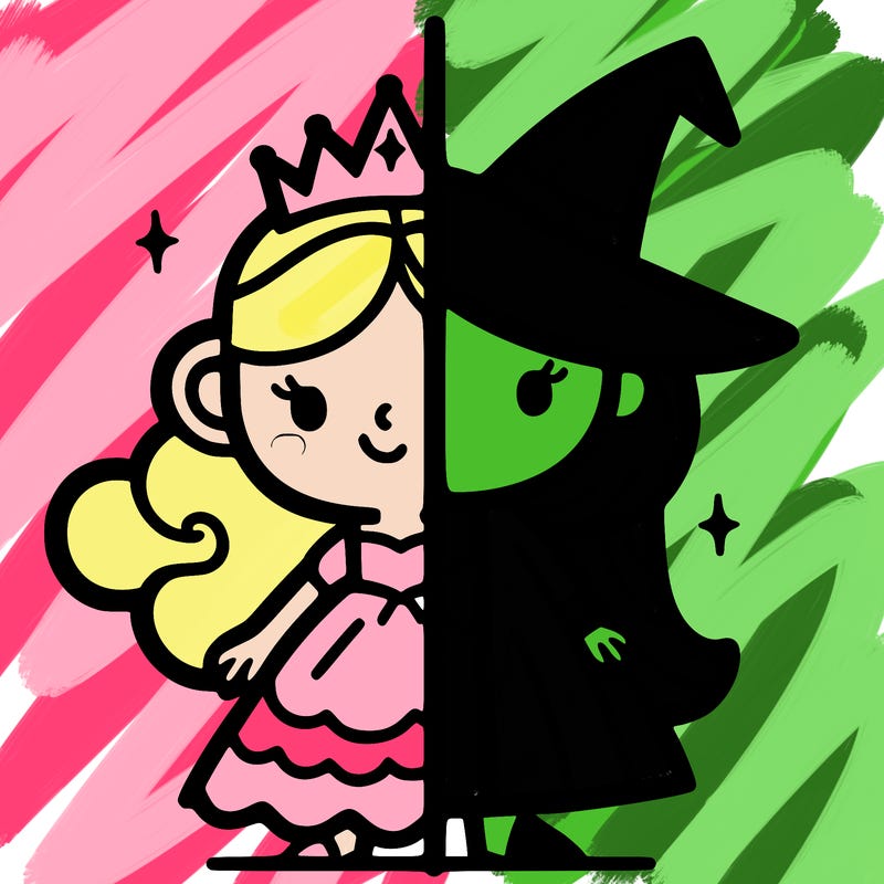 detailed split of a princess and a witch