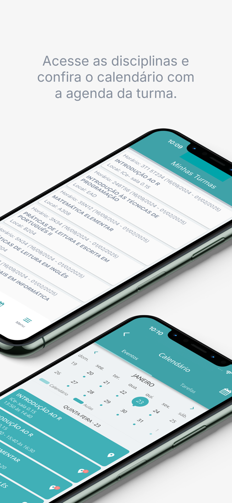 Interfaz de la aplicación SIGAA Mobile que muestra los horarios de clase y un calendario académico.