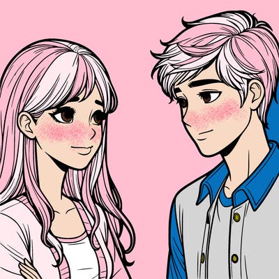 a realistic teen girl and teen boy looking at each other