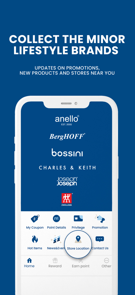 MinorPlus app interface displaying partner lifestyle brands and navigation icons for store locations and rewards