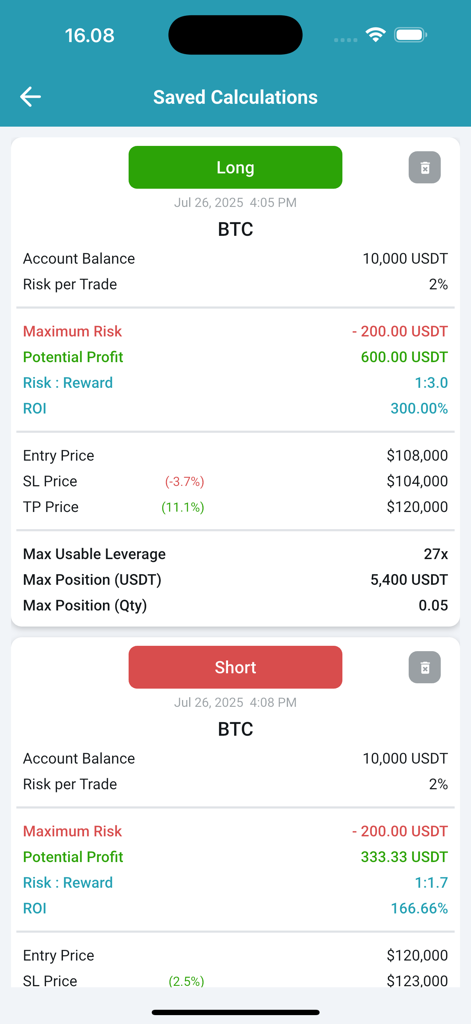 Leverage Guard - Saved calculations screen in the Leverage Guard app showing Bitcoin long and short trade metrics