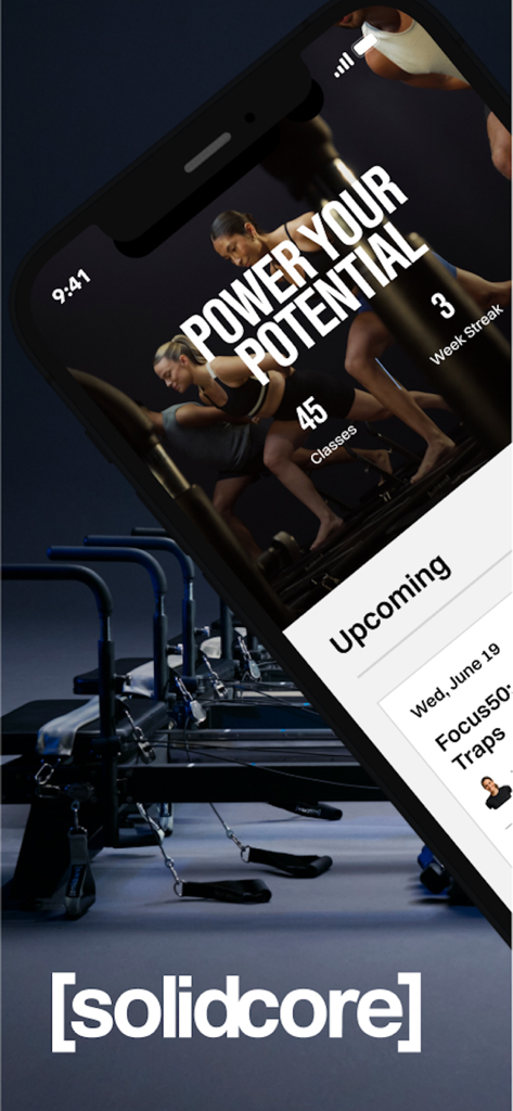 Smartphone displaying the solidcore fitness app workout statistics and class schedule