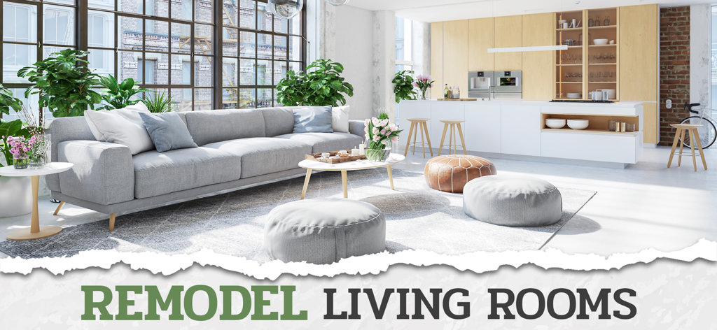 Design My Home Makeover: Words - Diseño de interior de sala de estar y cocina de concepto abierto moderno