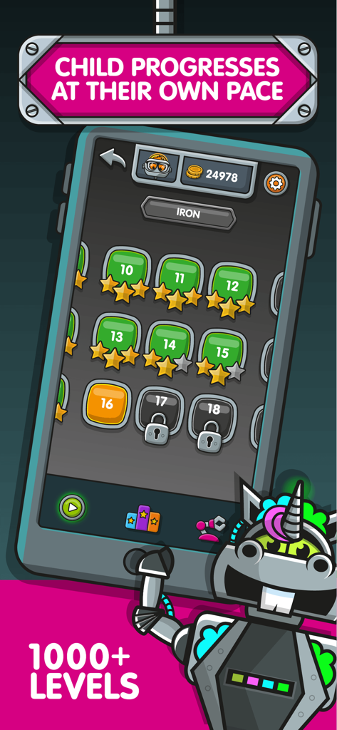 NumBots app interface showing level selection map with stars earned and robot character