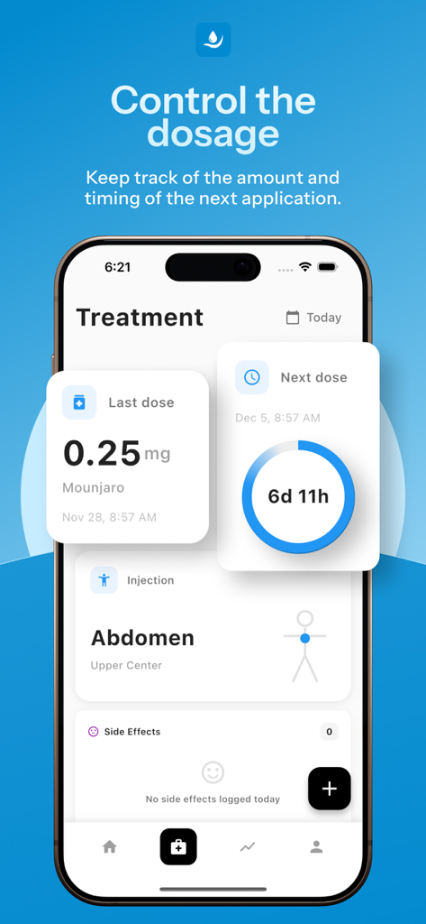 Inject - GLP-1 Tracker - Inject app treatment screen displaying medication dosage and injection site tracking