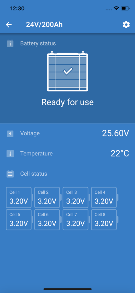 VictronConnect - Interfaccia VictronConnect che mostra la tensione della batteria e lo stato delle celle