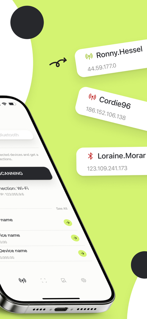 Smartphone interface displaying a scan for hidden Bluetooth and Wi-Fi devices