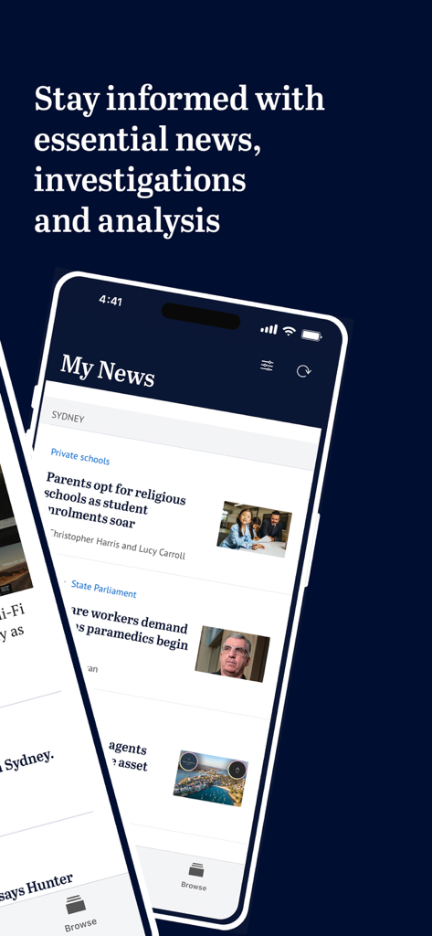 The Sydney Morning Herald - L'interfaccia dell'app Sydney Morning Herald che mostra titoli di notizie personalizzati e indagini
