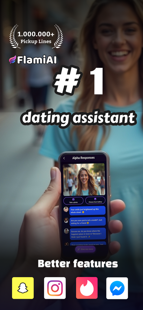 Flami AI dating assistant app interface showing generated pickup lines and social media icons