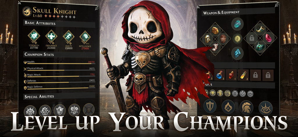 Ace Alliance: Realm of Heroes - Level up screen for Skull Knight champion in Ace Alliance Realm of Heroes showing stats and equipment